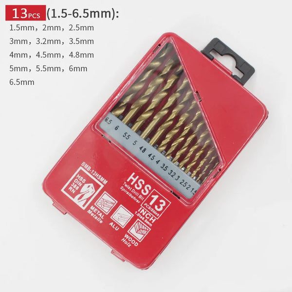 Realmote 13/19/25pcs 1~13mm Ti Coated HSS Drill Bit Set Metal For Woodworking Drilling Power Tools Accessories With Iron Box