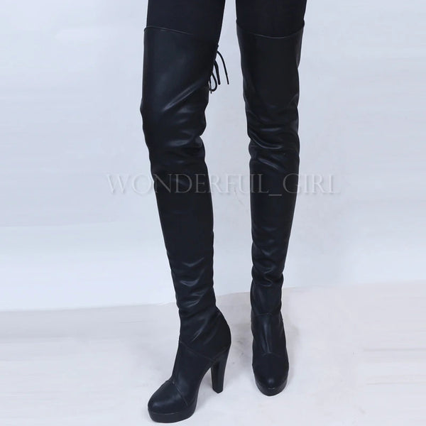 New Game Nier Automata Cosplay Shoes YoRHa 2B Knee Length PU Leather Cosplay Boots Black High Heels Lace-up Size 35-47