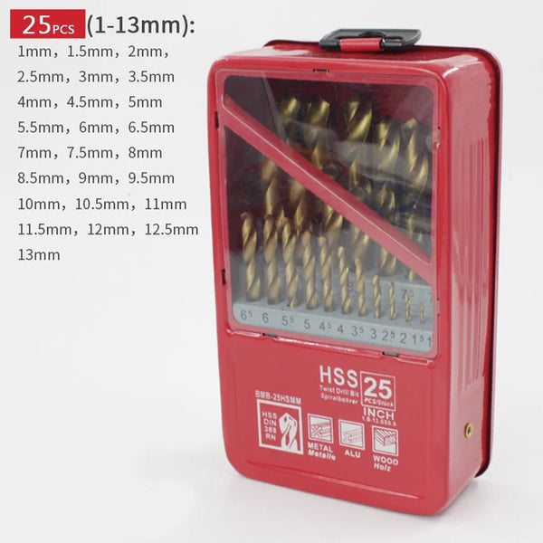 Realmote 13/19/25pcs 1~13mm Ti Coated HSS Drill Bit Set Metal For Woodworking Drilling Power Tools Accessories With Iron Box