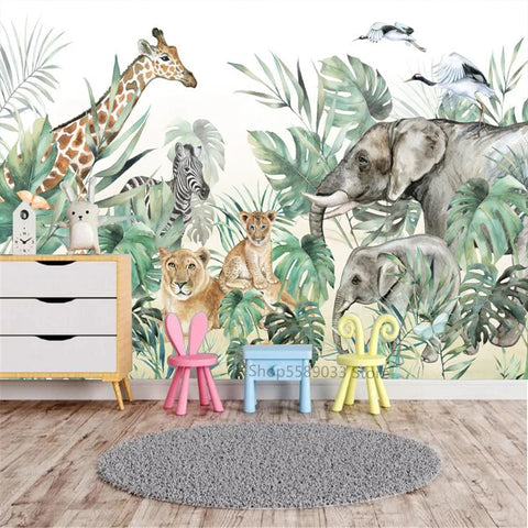 Custom Size 3D Jungle Wallpaper Murals Lion Elephant Animals for Children Room 3D Leaf Wall paper Cartoon Stickers Home Decor