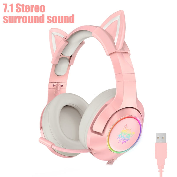 Onikuma K9 Pink Cute Cat Ear Headphone With Mic Gaming Headset And Noise Cancelling With Led Light For Laptop Computer Gamer ZopiStyle