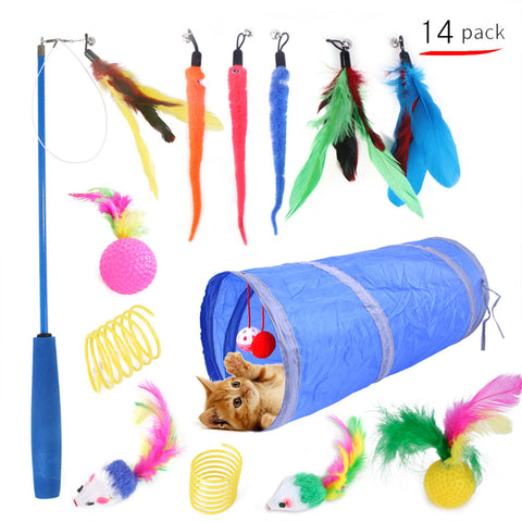 14Pcs/Set Pet Teaser Rod Feather Tunnel Fishing Rod Toy Set for Cat 14-piece set ZopiStyle