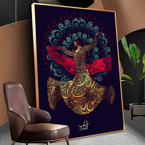 Arabic Calligraphy Art Poster And Print Canvas Painting Islamic Sufism Whirling Dervish Picture Muslim Dance Girl Religion Decor ZopiStyle