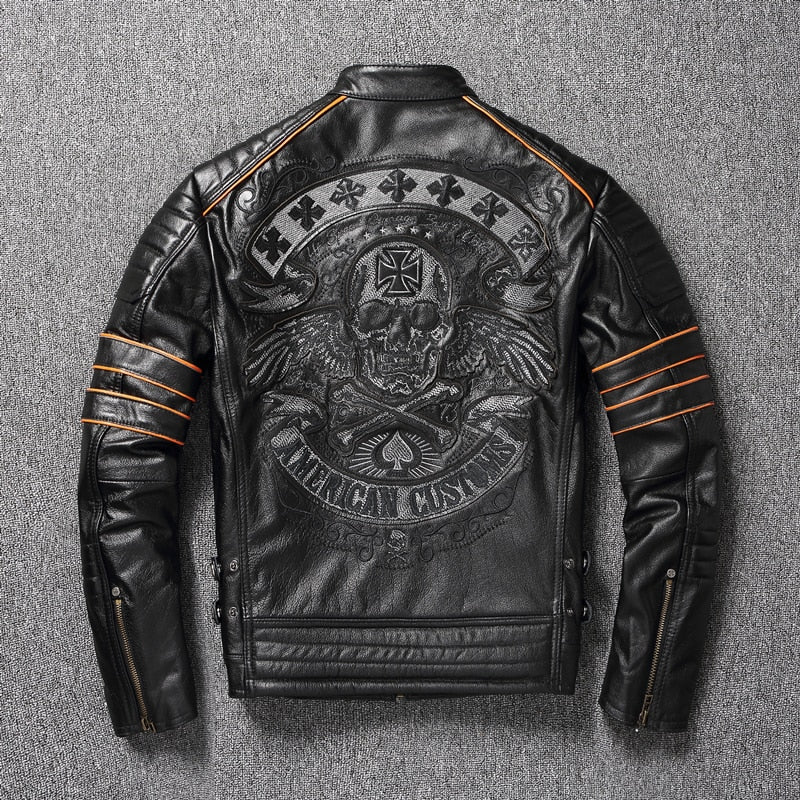 Free shipping.Brand skull cowhide coat.Cool black slim genuine leather jacket,Rider leather cloth.Chaqueta de cuero esqueleto ZopiStyle