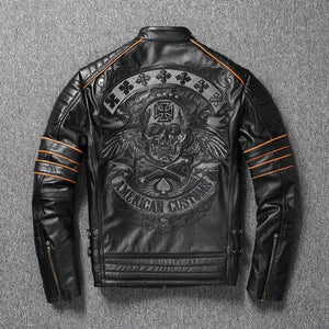 Free shipping.Brand skull cowhide coat.Cool black slim genuine leather jacket,Rider leather cloth.Chaqueta de cuero esqueleto ZopiStyle