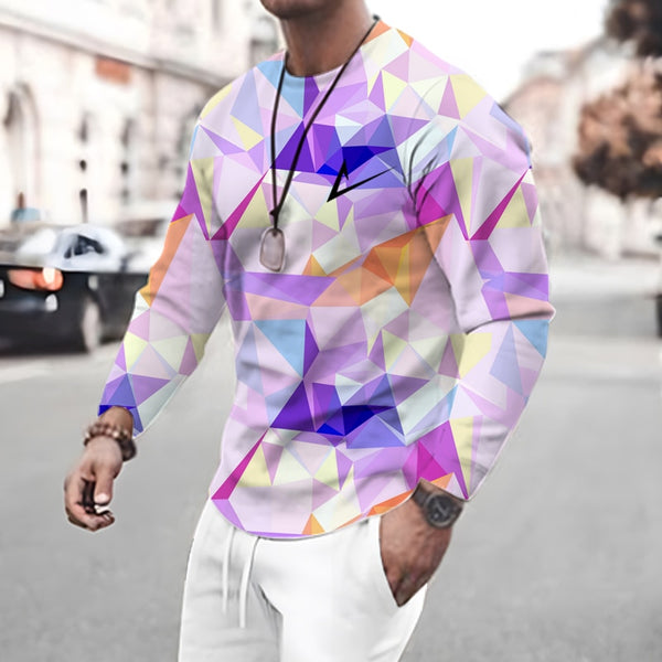 Men&#39;s Casual 3D Printed Long Sleeve T-Shirt Autumn Warm Color Gradient Style Versatile Trend Round Neck Men&#39;s Long Sleeve Top ZopiStyle