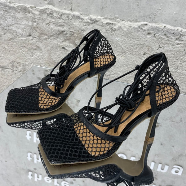 2021 Women Pumps Thin High Heels Sexy Sandals Shoes For Woman Fashion Square Toe Mesh Ankle Strap Pumps Sandals Ladies Shoes ZopiStyle