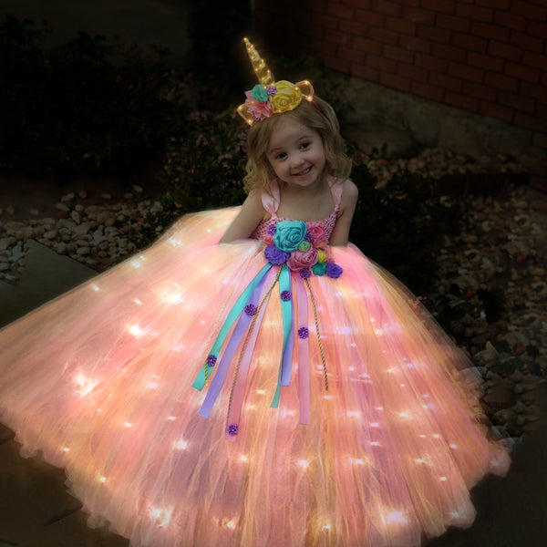 Uporpor Unicorn Girls Children LED Light Up Dress Kids Birthday Party Princess Lolita Costume for Christmas Children Ball Gown