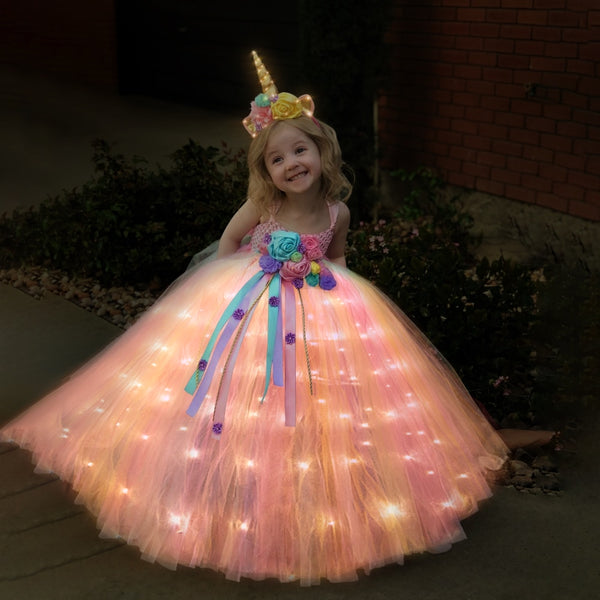 Uporpor Unicorn Girls Children LED Light Up Dress Kids Birthday Party Princess Lolita Costume for Christmas Children Ball Gown