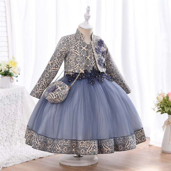Yoliyolei 3pcs/set Puffy Dress for Girls Jacquard Pattern Tulle Patchwork Children Clothing 3D Appliques Casual Birthday Dresses