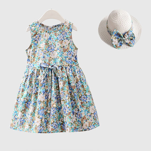 Girl Dress+Hat Set 2 3 4 5 6 7 Years Summer 2021 Cotton Sleeveless Beach Floral Dress Pink Blue Kids Dresses for Girls Clothing