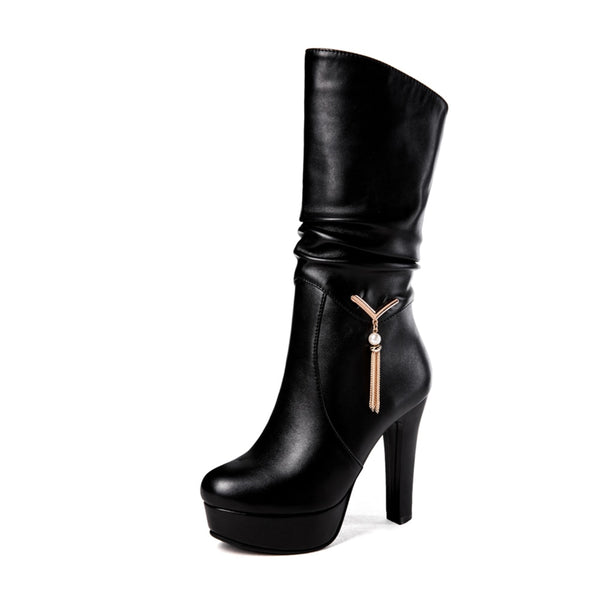 Big Size 34-43 Elegant Black Pleated mid-calf Boots Women 2020 Platform Boots Ladies slip-on High Heels Shoes Woman