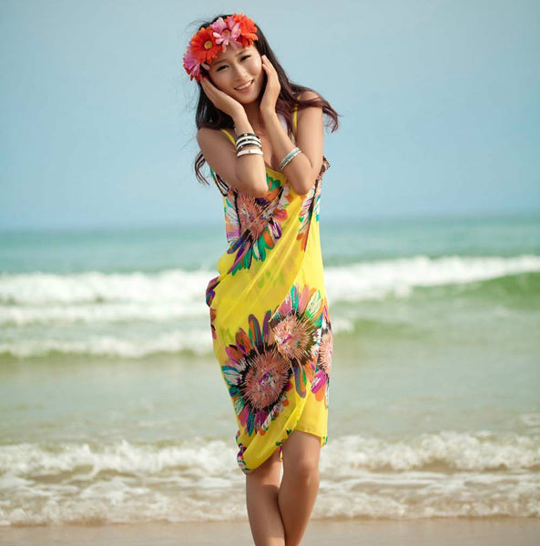 2023 Printed Cover-ups Sexy Beach Dress Women Halter Sling Chiffon Beach Towel Bikini Wrap Pareo Skirts Open-Back Swimwear