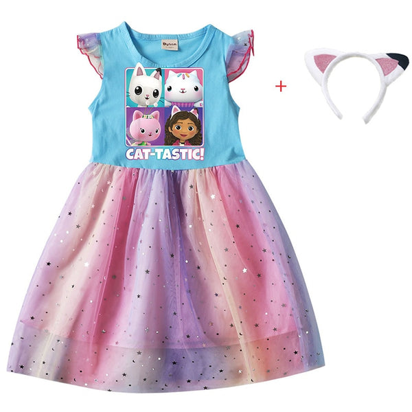 Cartoon Gabby Cats Baby Girl Dresses Kids Gabby&#39;s Doll House Clothes Cosplay Costume Children Fly Sleeve Casual Dress + Headband