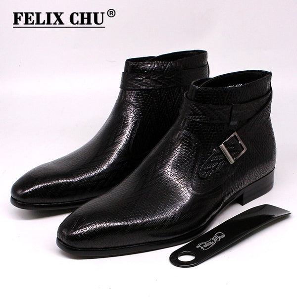 Handmade Men Ankle Boots Felix Chu Genuine Leather Mens Motorcycle Boots Black Red Buckle Strap High Top Dress Shoes for Men