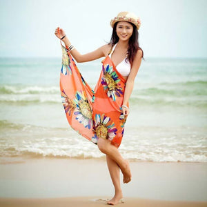 2023 Printed Cover-ups Sexy Beach Dress Women Halter Sling Chiffon Beach Towel Bikini Wrap Pareo Skirts Open-Back Swimwear