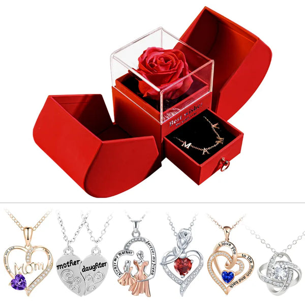 Gift for Women Eternal Rose Gift Box /w Heart Necklace I Love You To The Moon and Back Flower Jewelry Box for Valentine Wedding