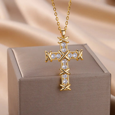 Zircon Jesus Cross Pendant Necklaces For Women Stainless Steel Gold Plated Crystal Cross Necklace New Easter Jewelry Gift 2023