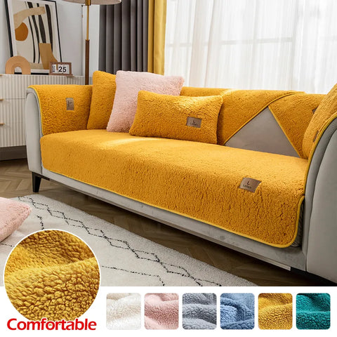 Modern Solid Color Winter Lamb Wool Sofa Towel Thicken Plush Soft And Smooth Sofa Covers For Living Room Anti-slip Couch Cover