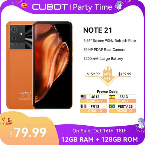 Cubot Note 21, 2023 New Smartphone Android 13, 12GB RAM(6+6GB), 128GB ROM, 6.56 Inch 90Hz Screen, 50MP Camera, 5200mAh, Face ID