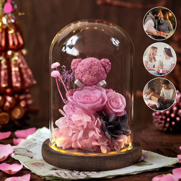 2024 Valentine's Day Eternal Flower With Fairy Lights And Bear Beauty And The Beast Rose Flower Special Romantic Gift For Girls