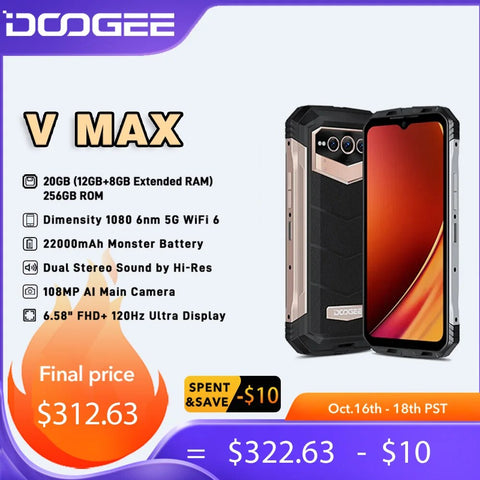 DOOGEE V Max 5G Rugged Phone 6.58" 120Hz Dimensity 1080 Hi-Res 108MP AI Main Camera Octa Core 12GB RAM+256GB ROM 22000mAh Phone