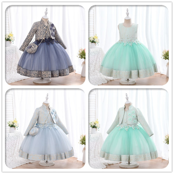 Yoliyolei 3pcs/set Puffy Dress for Girls Jacquard Pattern Tulle Patchwork Children Clothing 3D Appliques Casual Birthday Dresses