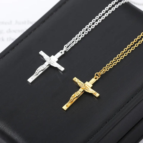 Stainless Steel Gold Color Cross Chain Necklace For Women Men HipHop Couple Fashion Jesus Christ Cross Pendant Necklaces Gift