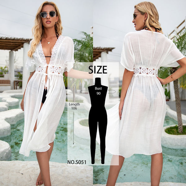 Sexy Bikini Cover-Ups Long White Tunic Casual Summer Beach Dress Elegant Women Plus Size Beach Wear Swim Suit Cover Up