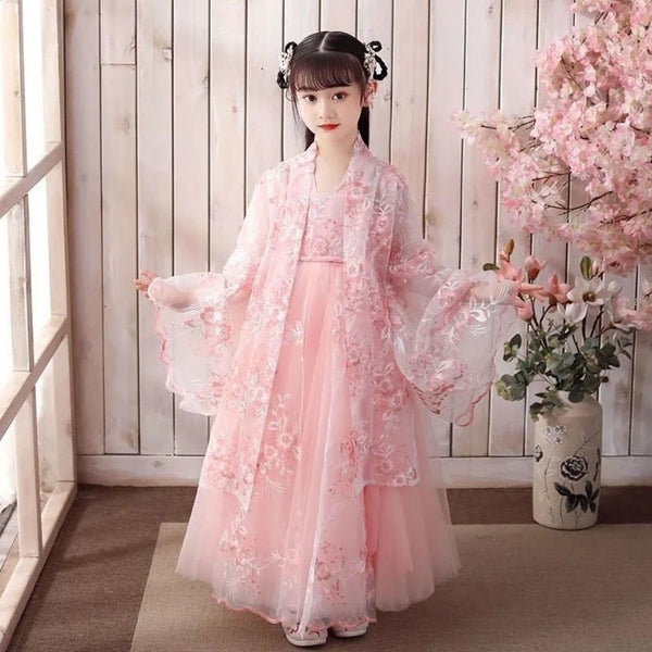 New Hanfu girls spring and autumn children&#39;s costume dress 3-12 years old girl cherry blossom princess dress Chinese style child
