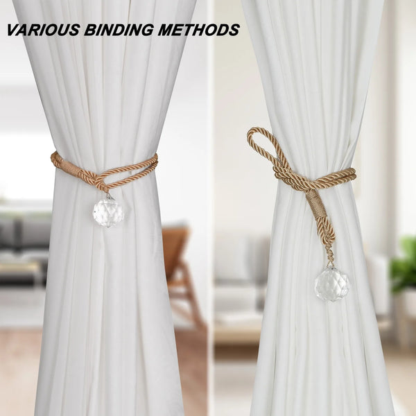 1&2Pcs Curtain Tieback with Crystal Home Decoration Beaded Hanging Pendant Window Drape Gold Curtain Holder Buckle Rope Tie