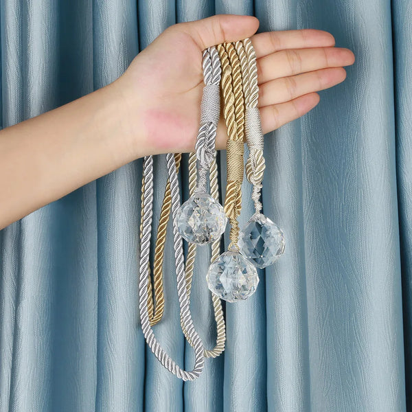 1&2Pcs Curtain Tieback with Crystal Home Decoration Beaded Hanging Pendant Window Drape Gold Curtain Holder Buckle Rope Tie