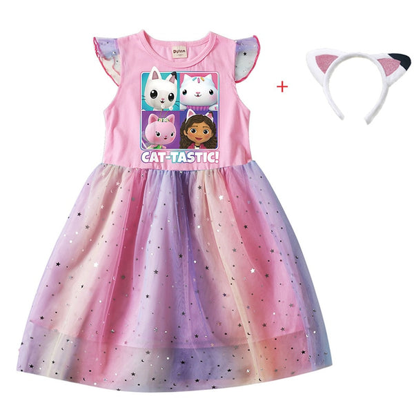 Cartoon Gabby Cats Baby Girl Dresses Kids Gabby&#39;s Doll House Clothes Cosplay Costume Children Fly Sleeve Casual Dress + Headband