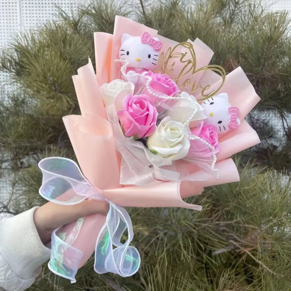 Kawaii Hello Kitty Cat Plush Dolls  Rose Soap Flowers Bouquet Christmas Valentine's Day Birthday Graduation Gifts