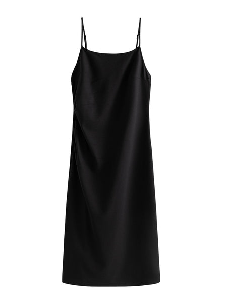 DUSHU Women Long Black Slip Dress Slit Design Elegant Square Neck Slip Dress Adjustable Strap Spring Women Solid Dress