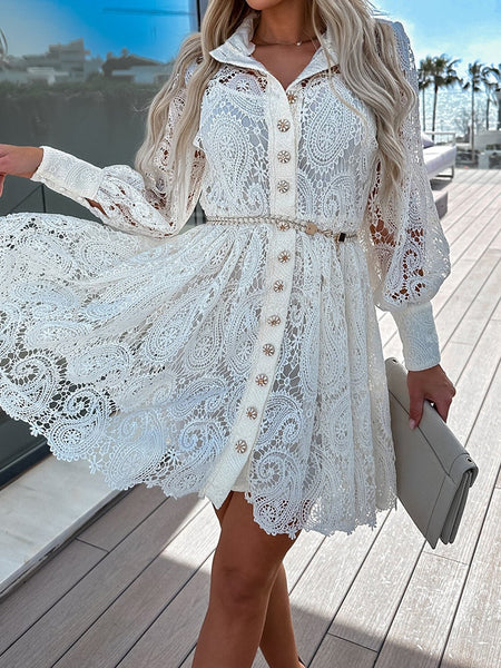 2023 Women Spring Summer Single-Breasted Maxi Dress Hollow Out Lace Patchwork Fashion Ladies Party Dress Streetwear Dropshipping