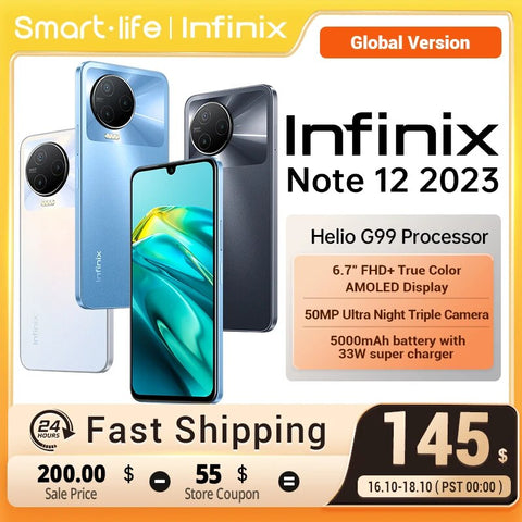 Infinix Note 12 2023 4G NFC 8/128GB Helio G99 6nm Processor 6.7 FHD+ AMOLED Display Mobile Phone