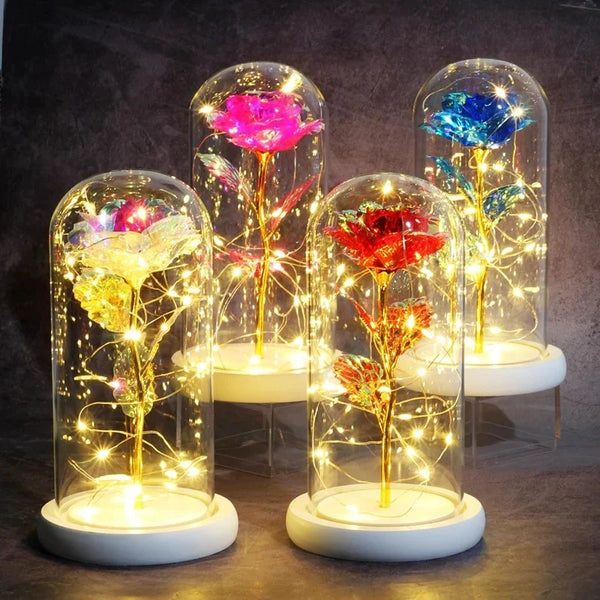Artificial Eternal Beast Beauty Rose Everlasting Flower Lover Dome LED Christmas Mother Birthday Valentine’s Day Gift.
