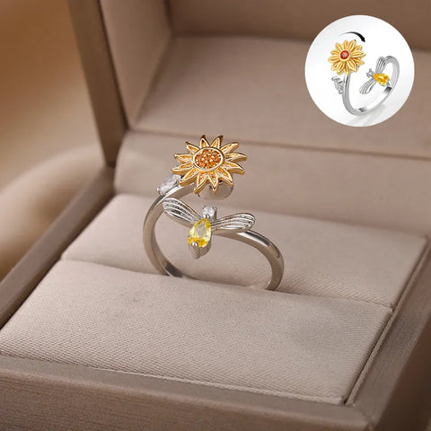 Rotating Sunflower Bee Open Ring Women Stainless Steel Aesthetic Charm Crystal Adjustable Open Ring Jewelry Christmas Gift Femme