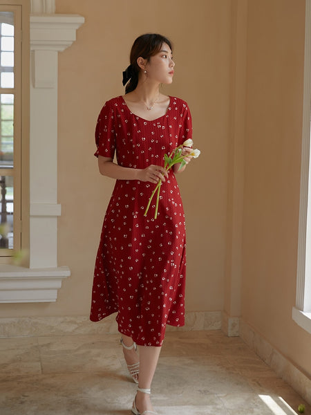 DUSHU Women Dress Summer Retro Red Floral Chiffon Dress Office Lady Short Sleeve A-LINE Skirt Clothes For Women Print Dresses