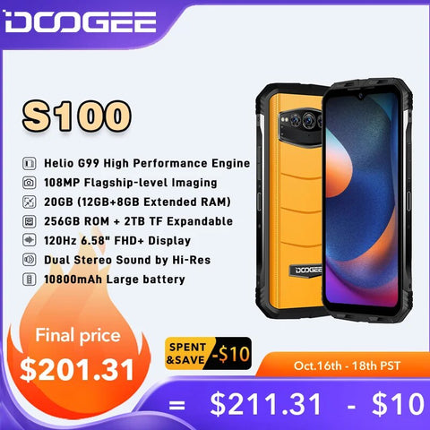 World Premiere DOOGEE S100 Rugged Phone 6.58" 108MP Camera Cellphone 12GB+256GB 120Hz Helio G99 10800mAh Battery 66W Fast Charge