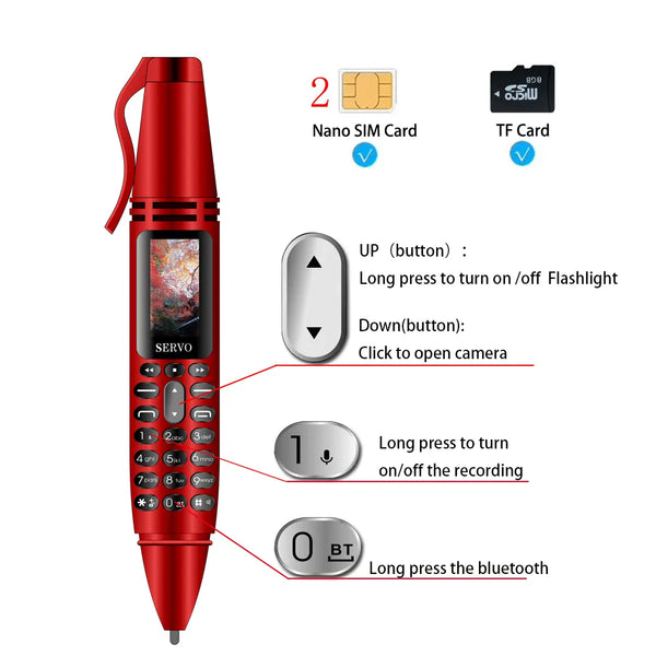 SERVO K07 Pen Cellphone Dual SIM Call Recording Bluetooth Dial Speed Dial Magic Voice 0.96" HD Screen GSM Unlocked Mobile Phone