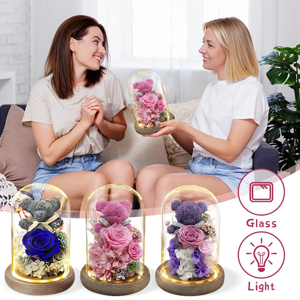 2024 Valentine's Day Eternal Flower With Fairy Lights And Bear Beauty And The Beast Rose Flower Special Romantic Gift For Girls