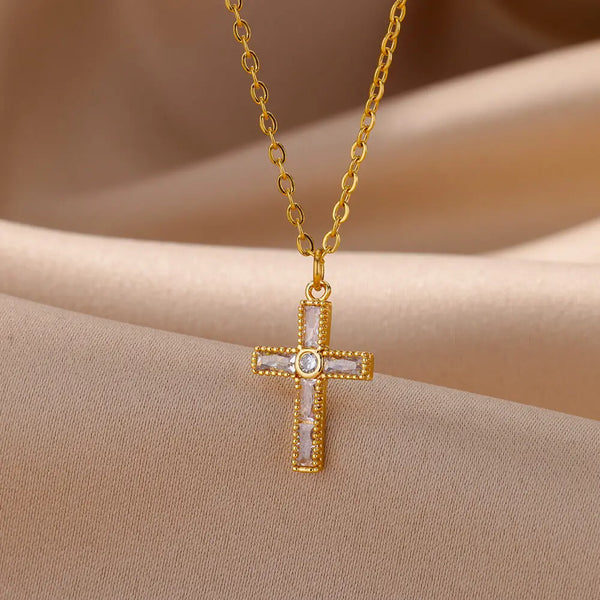 Zircon Jesus Cross Pendant Necklaces For Women Stainless Steel Gold Plated Crystal Cross Necklace New Easter Jewelry Gift 2023