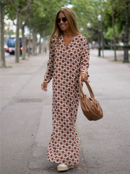 Women Sexy V-neck Printed Maxi Dresses Bohemian Summer Long Sleeve Casual Dress Female Vintage Holiday Loose Beach Cover Up Robe