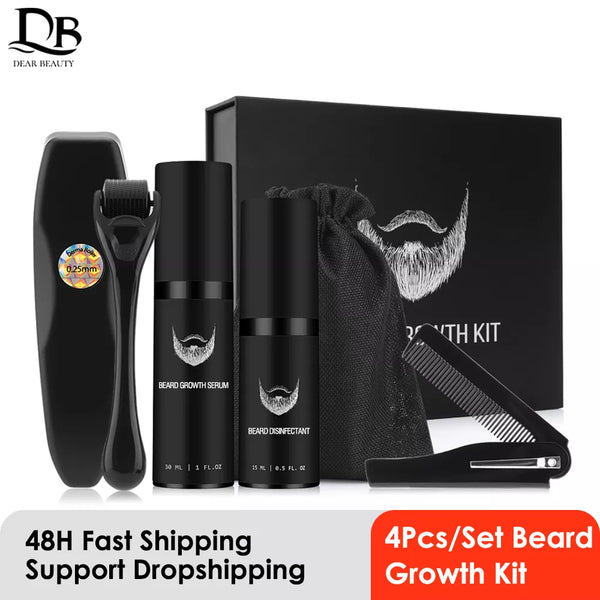 4Pcs/set Men Beard Growth Kit Professional Hair Growth Enhancer Set Beard Care Nourishing with Beard Growth Roller Massage Comb