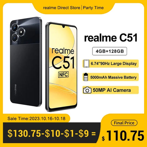 World Premiere realme C51 4G Moblie Phone NFC 33W 6.74” 90Hz large Display 5000mAh Massive Battery 50MP AI Camera Smartphones