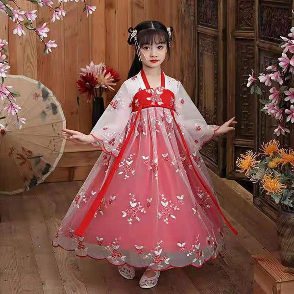 New Hanfu girls spring and autumn children&#39;s costume dress 3-12 years old girl cherry blossom princess dress Chinese style child