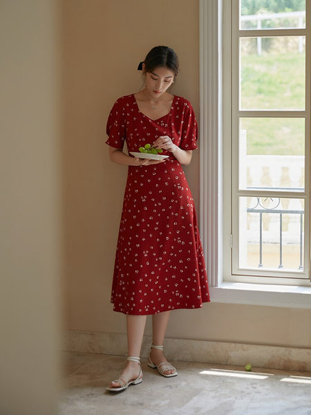 DUSHU Women Dress Summer Retro Red Floral Chiffon Dress Office Lady Short Sleeve A-LINE Skirt Clothes For Women Print Dresses