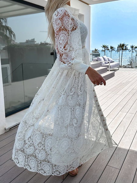 2023 Women Spring Summer Single-Breasted Maxi Dress Hollow Out Lace Patchwork Fashion Ladies Party Dress Streetwear Dropshipping